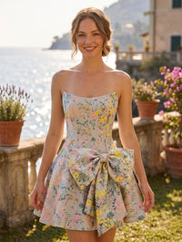 Jacquard A-Line/Princess Strapless Mini Homecoming Dresses with Corset Bodice & Bow