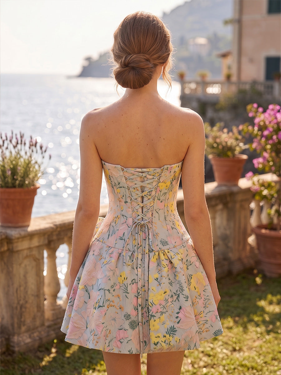 Jacquard A-Line/Princess Strapless Mini Homecoming Dresses with Corset Bodice & Bow