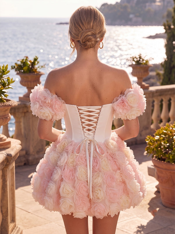 Satin Bubble Gowns Off Shoulder Mini Homecoming Dresses with 3D Flowers