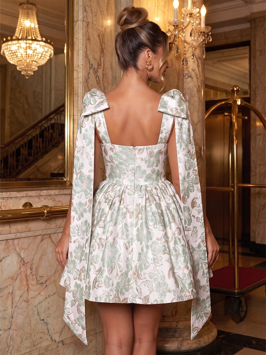 Jacquard A-Line/Princess Square Neck Mini Homecoming Dresses with Flutter Straps & Pleats