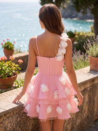 Tulle A-Line/Princess Spaghetti Straps Mini Homecoming Dresses with Tiered Layers & 3D Flowers