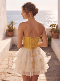 Jacquard A-Line/Princess Strapless Mini Homecoming Dresses with Tiered Layers