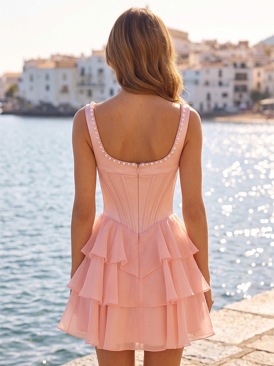 Chiffon A-Line/Princess Square Neck Mini Homecoming Dresses with Corset Bodice, Pearls, Tiered Layers & Ruffles