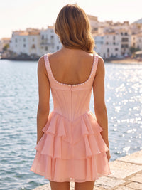 Chiffon A-Line/Princess Square Neck Mini Homecoming Dresses with Corset Bodice, Pearls, Tiered Layers & Ruffles