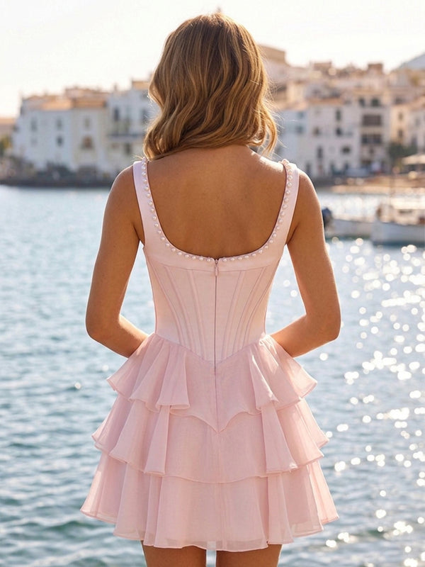 Chiffon A-Line/Princess Square Neck Mini Homecoming Dresses with Corset Bodice, Pearls, Tiered Layers & Ruffles