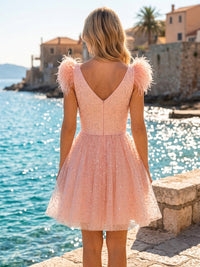 Sequin A-Line/Princess V-Neck Mini Homecoming Dresses with Feather Trim & Pleats