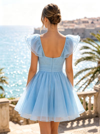 Tulle A-Line/Princess V-Neck Mini Homecoming Dresses with Ruffles, Tiered Layers & Pleats