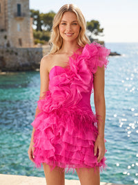 Organza A-Line/Princess One Shoulder Mini Homecoming Dresses with Feather Trim, Ruffles & Tiered Layers