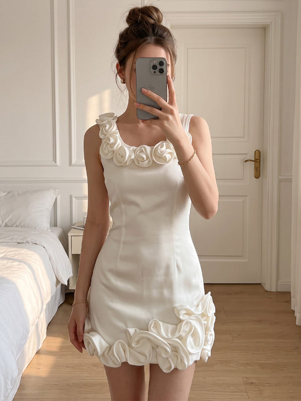 Satin Bodycon Square Neck Mini Homecoming Dresses with 3D Flowers, Tiered Layers & Ruffles