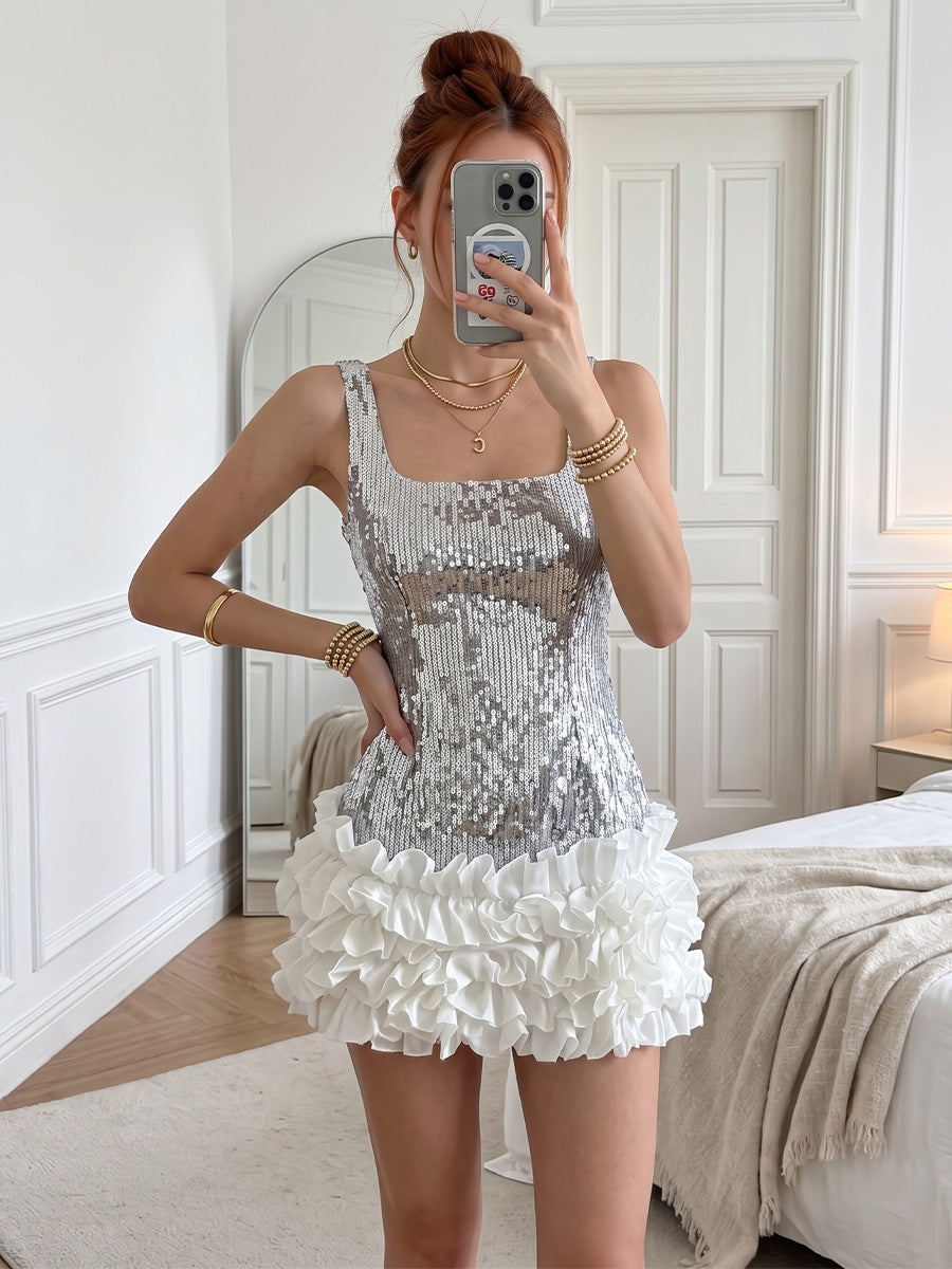 Sequin Bodycon Square Neck Mini Homecoming Dresses with Tiered Layers & Ruffles
