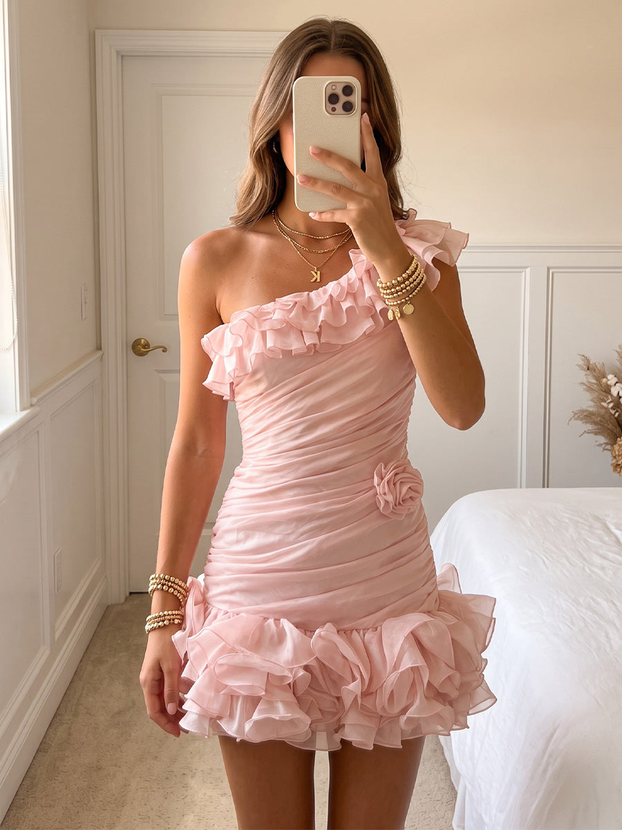 Chiffon Bodycon One Shoulder Mini Homecoming Dresses with 3D Flowers, Tiered Layers & Ruffles