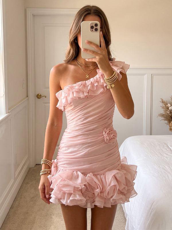 Chiffon Bodycon One Shoulder Mini Homecoming Dresses with 3D Flowers, Tiered Layers & Ruffles