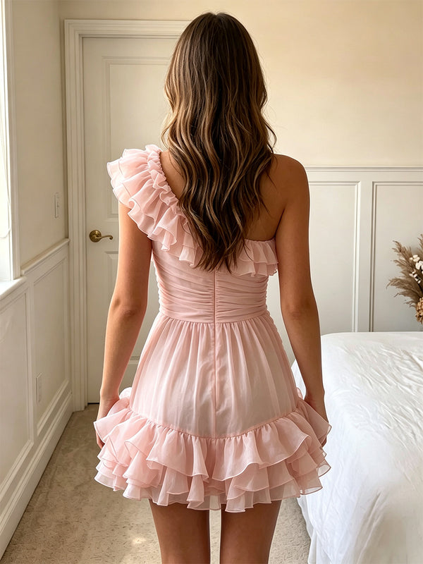 Chiffon Bodycon One Shoulder Mini Homecoming Dresses with 3D Flowers, Tiered Layers & Ruffles