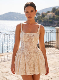 Lace Appliques A-Line/Princess Square Neck Mini Homecoming Dresses with Pleats