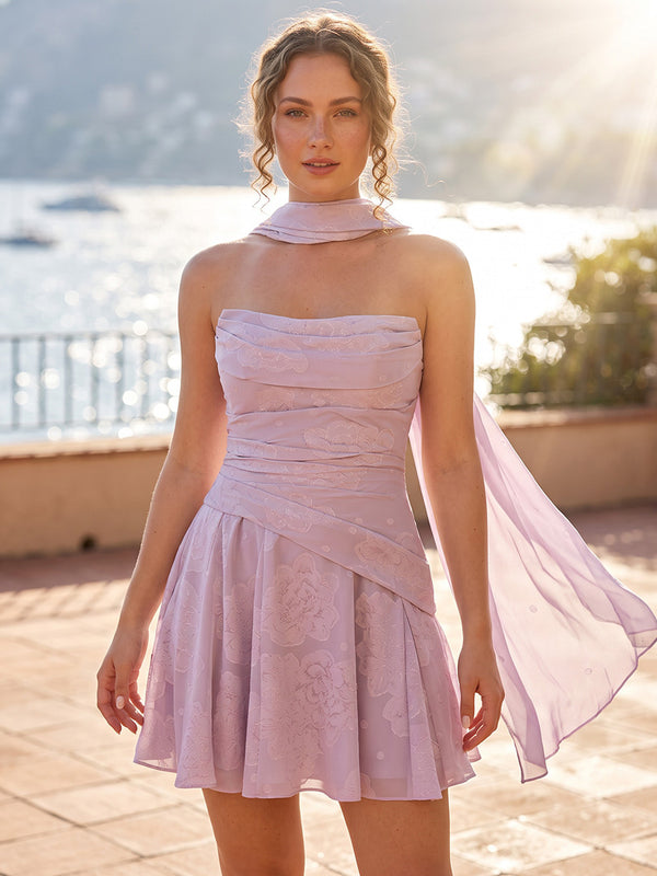 Chiffon A-Line/Princess Strapless Mini Homecoming Dresses with Scarf & Ruched Bodice
