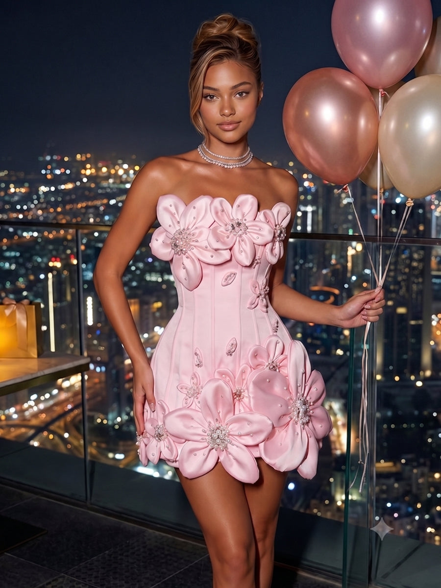Bodycon Strapless Satin Mini Homecoming Dresses with 3D Flowers & Pearls