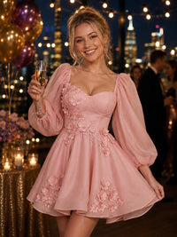 A-Line/Princess Sweetheart Chiffon Mini Homecoming Dresses with 3D Flowers, Corset Bodice & Pleats