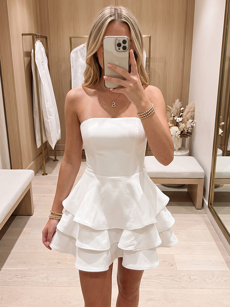 A-Line/Princess Strapless Stretch Jersey Mini Homecoming Dresses with Tiered Layers & Ruffles