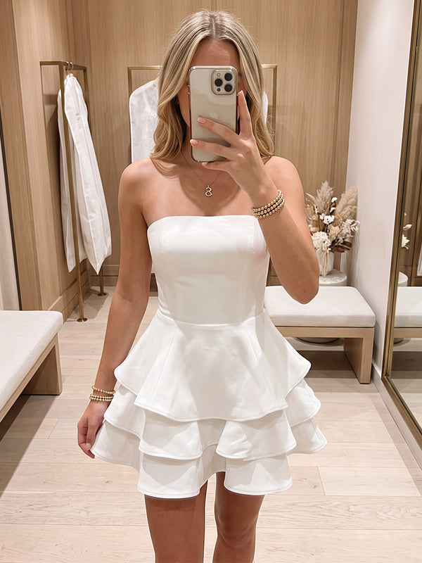 A-Line/Princess Strapless Stretch Jersey Mini Homecoming Dresses with Tiered Layers & Ruffles