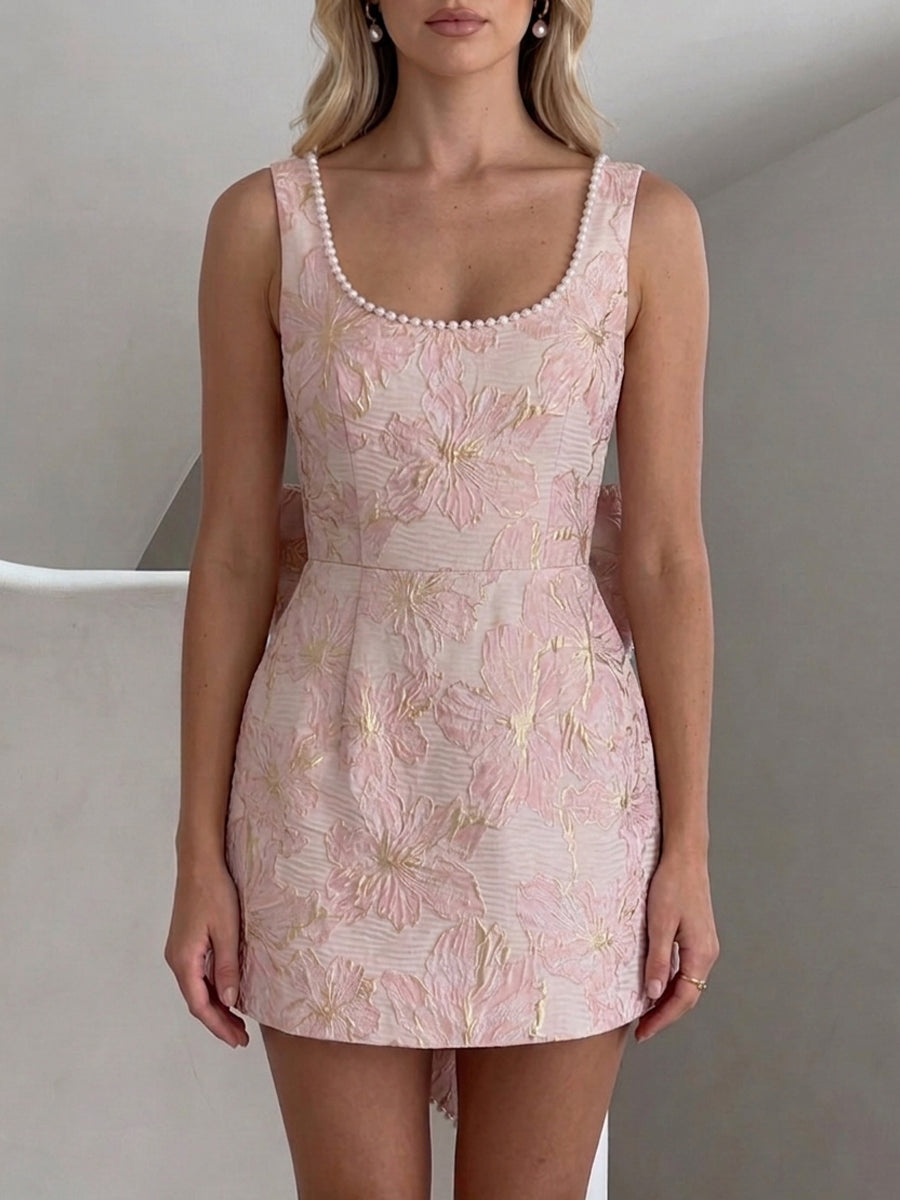 A-Line/Princess Square Neck Jacquard Mini Homecoming Dresses with Bow & Pearls