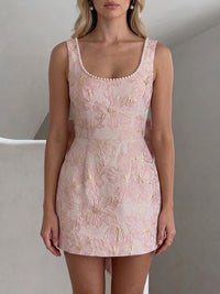 A-Line/Princess Square Neck Jacquard Mini Homecoming Dresses with Bow & Pearls