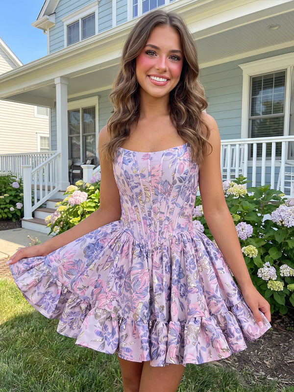 A-Line/Princess Strapless Jacquard Mini Homecoming Dresses with Corset Bodice & Pleats