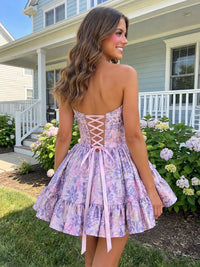 A-Line/Princess Strapless Jacquard Mini Homecoming Dresses with Corset Bodice & Pleats