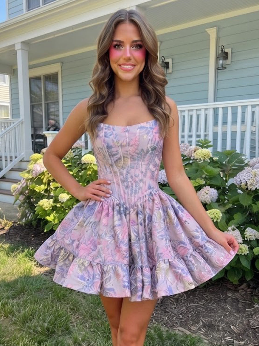 A-Line/Princess Strapless Jacquard Mini Homecoming Dresses with Corset Bodice & Pleats