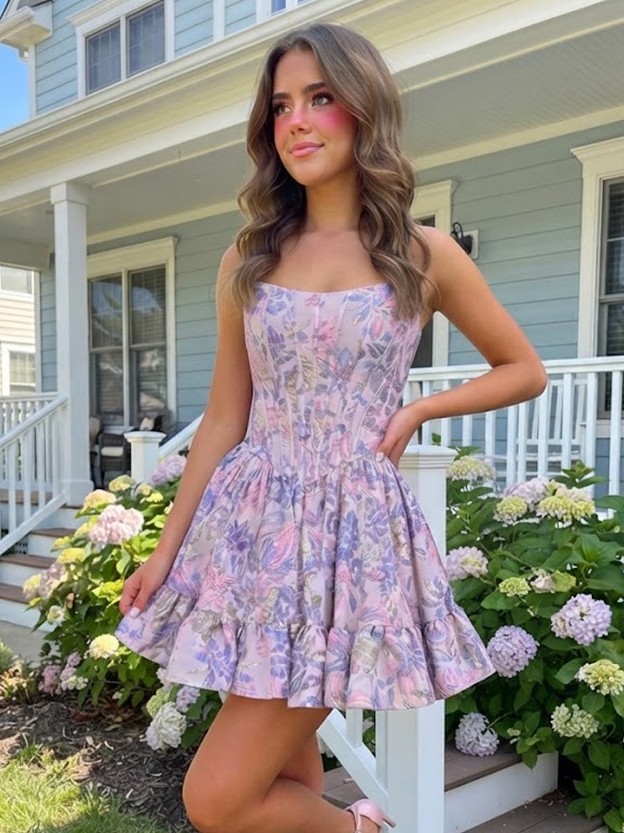 A-Line/Princess Strapless Jacquard Mini Homecoming Dresses with Corset Bodice & Pleats