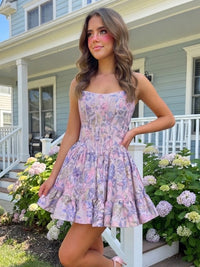 A-Line/Princess Strapless Jacquard Mini Homecoming Dresses with Corset Bodice & Pleats