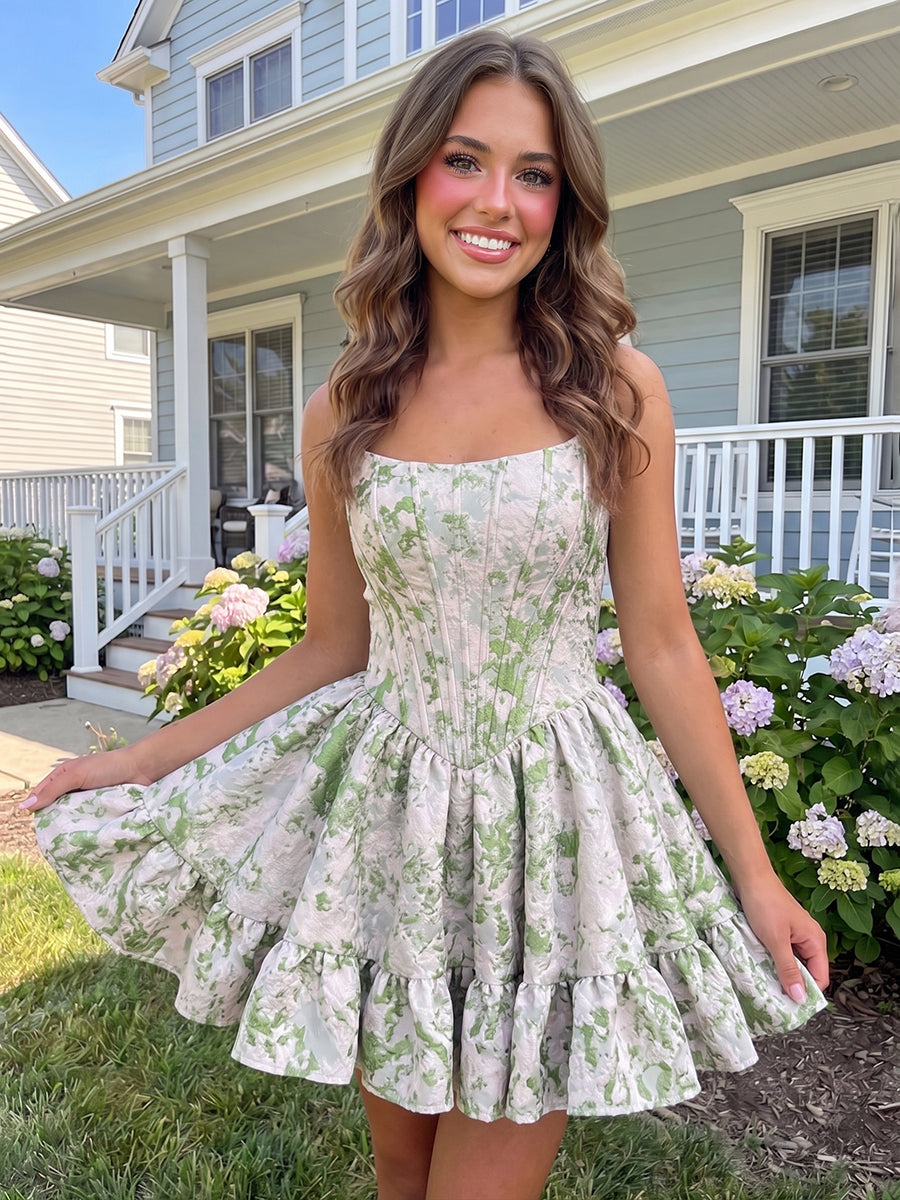 A-Line/Princess Strapless Jacquard Mini Homecoming Dresses with Corset Bodice & Pleats