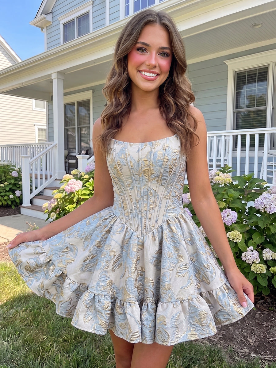 A-Line/Princess Strapless Jacquard Mini Homecoming Dresses with Corset Bodice & Pleats