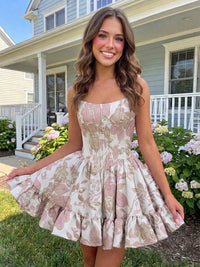 A-Line/Princess Strapless Jacquard Mini Homecoming Dresses with Corset Bodice & Pleats