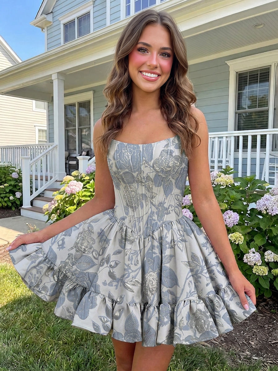 A-Line/Princess Strapless Jacquard Mini Homecoming Dresses with Corset Bodice & Pleats