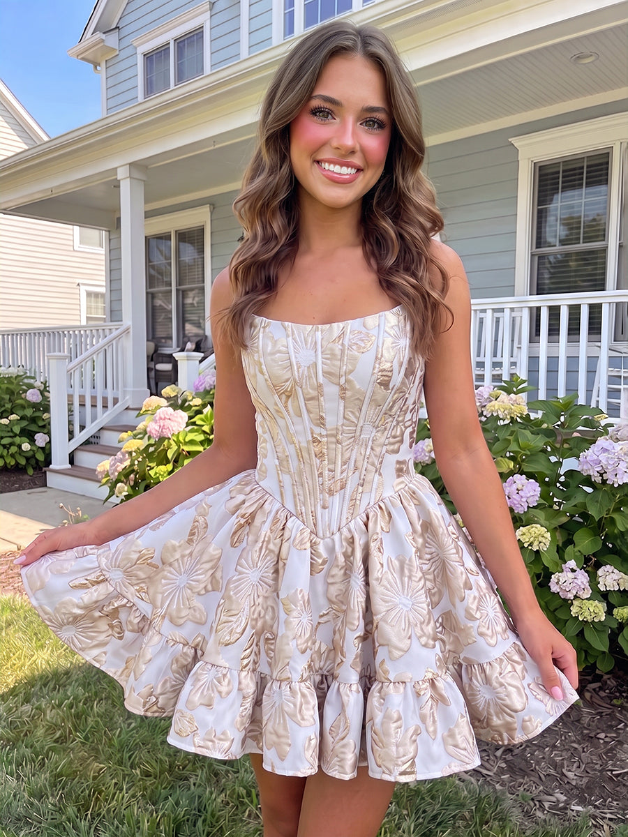 A-Line/Princess Strapless Jacquard Mini Homecoming Dresses with Corset Bodice & Pleats