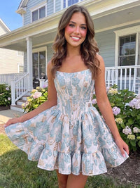 A-Line/Princess Strapless Jacquard Mini Homecoming Dresses with Corset Bodice & Pleats