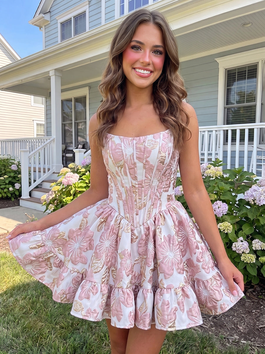 A-Line/Princess Strapless Jacquard Mini Homecoming Dresses with Corset Bodice & Pleats