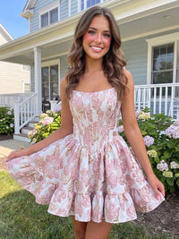 A-Line/Princess Strapless Jacquard Mini Homecoming Dresses with Corset Bodice & Pleats