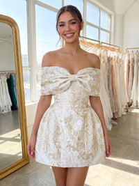 A-Line/Princess Off Shoulder Jacquard Mini Homecoming Dresses with Bow