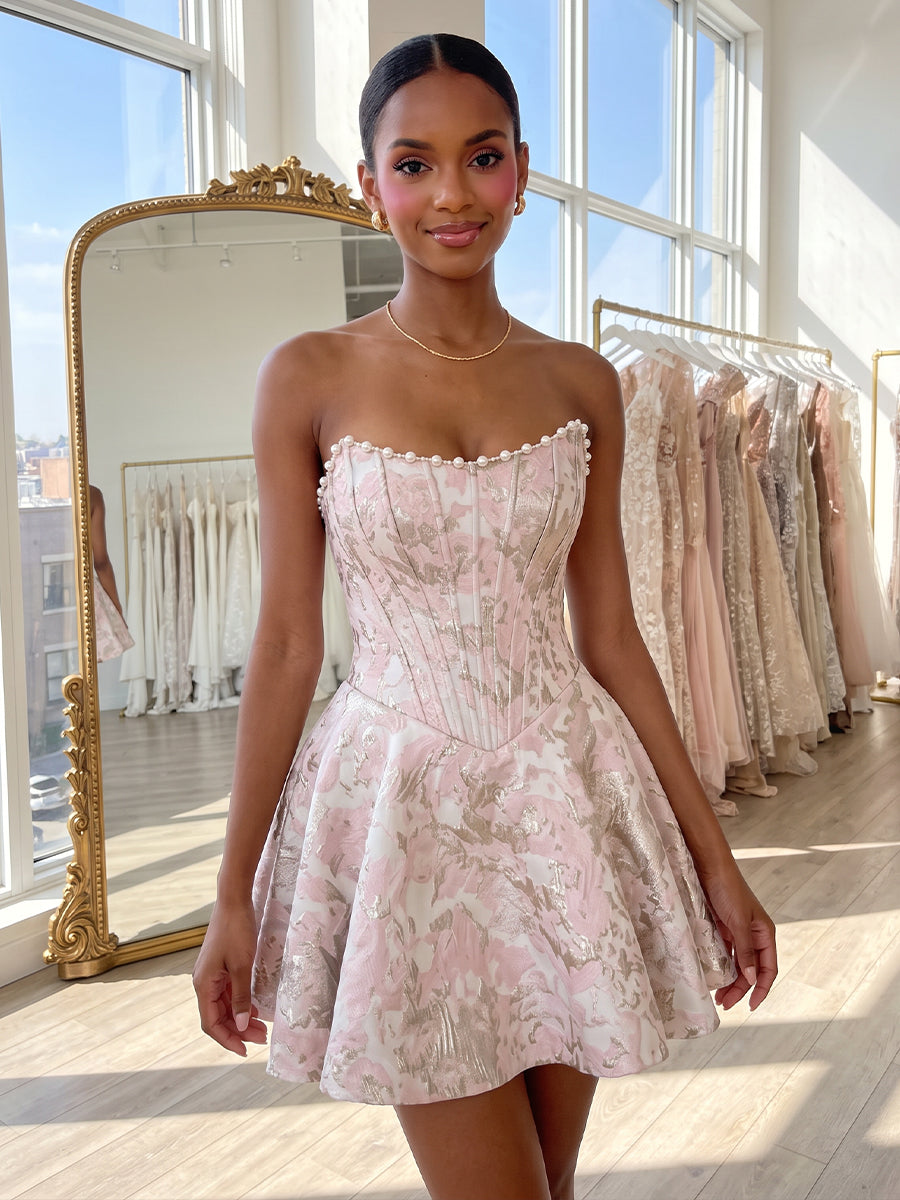 A-Line/Princess Strapless Jacquard Mini Homecoming Dresses with Corset Bodice & Pearls
