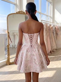 A-Line/Princess Strapless Jacquard Mini Homecoming Dresses with Corset Bodice & Pearls