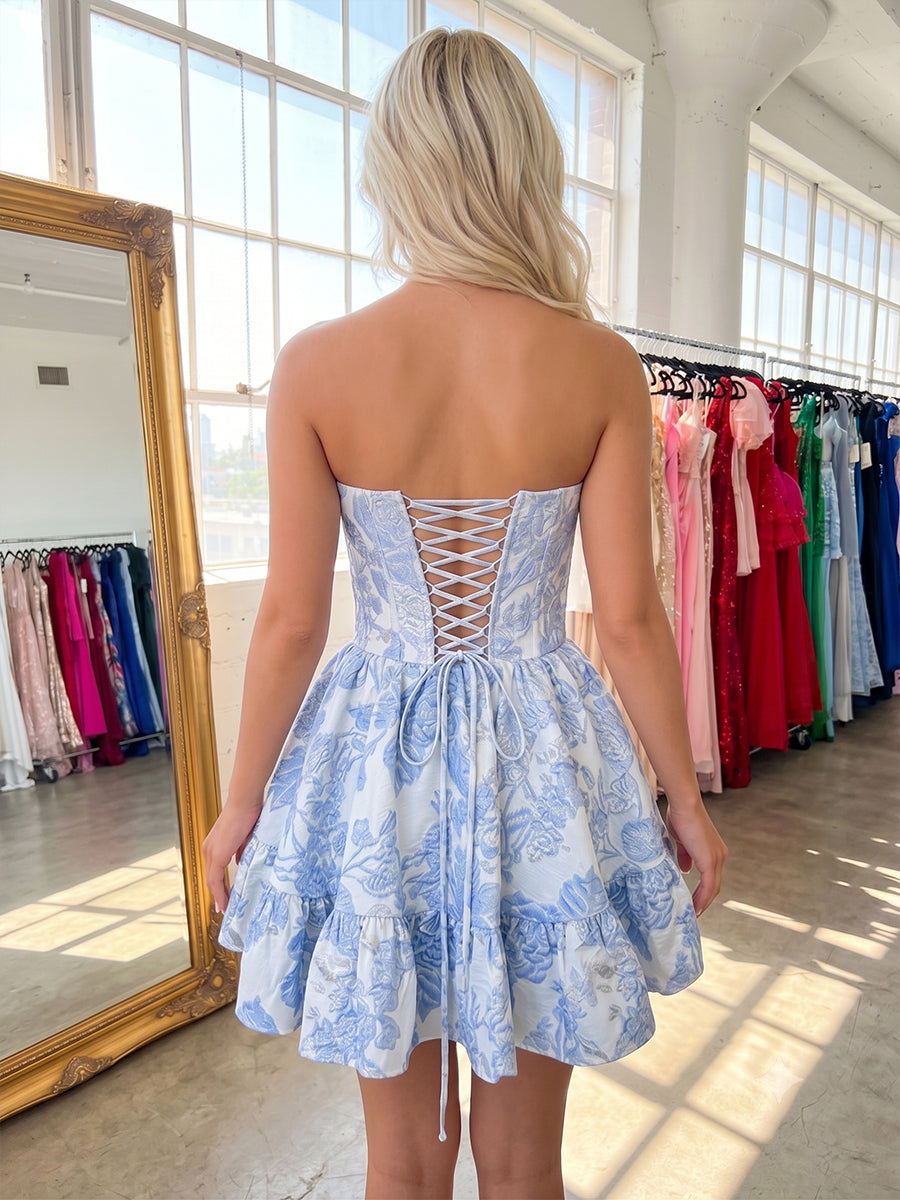 A-Line/Princess Sweetheart Jacquard Mini Homecoming Dresses with Corset Bodice & Pleats