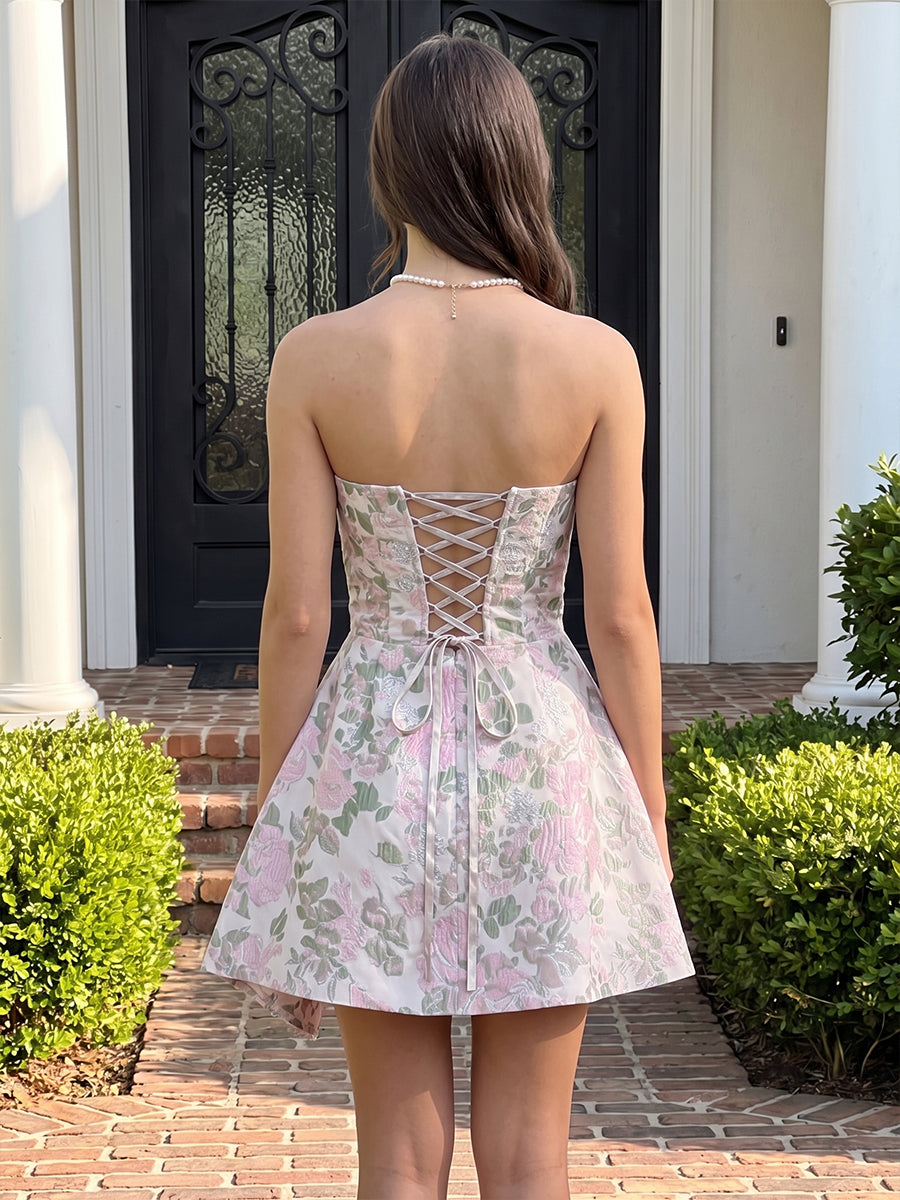 A-Line/Princess Strapless Jacquard Mini Homecoming Dresses with Ruffles & Ruched Waist