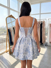 A-Line/Princess Square Neck Jacquard Mini Homecoming Dresses with Ruched Waist