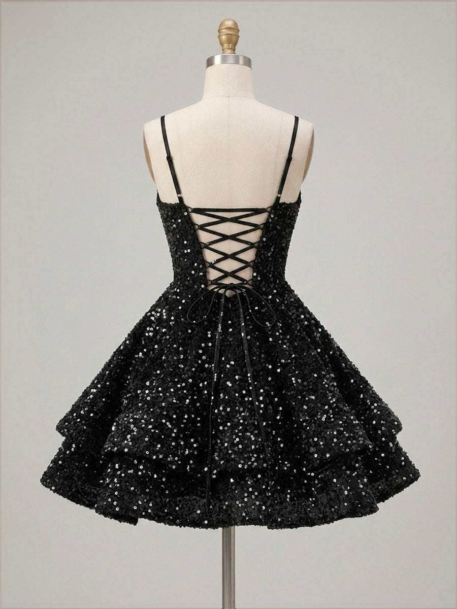 A-Line/Princess Sequin Mini Homecoming Dresses with Spaghetti Straps & Tiered Layers