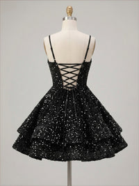 A-Line/Princess Sequin Mini Homecoming Dresses with Spaghetti Straps & Tiered Layers