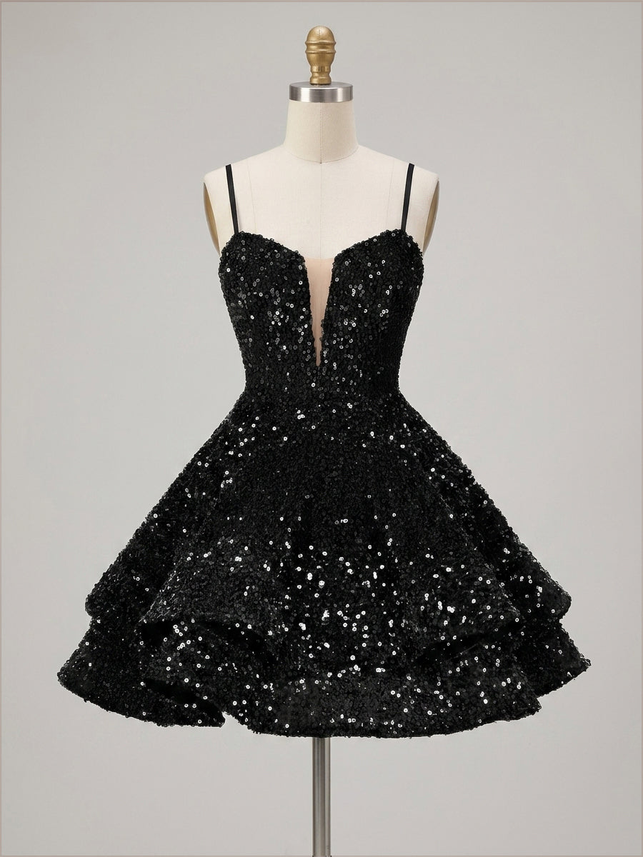 A-Line/Princess Sequin Mini Homecoming Dresses with Spaghetti Straps & Tiered Layers