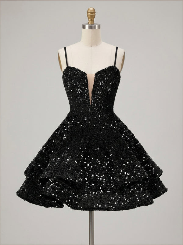 A-Line/Princess Sequin Mini Homecoming Dresses with Spaghetti Straps & Tiered Layers