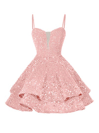 A-Line/Princess Sequin Mini Homecoming Dresses with Spaghetti Straps & Tiered Layers