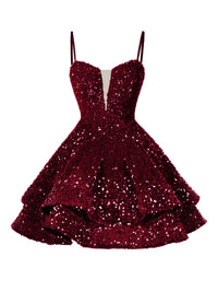 A-Line/Princess Sequin Mini Homecoming Dresses with Spaghetti Straps & Tiered Layers